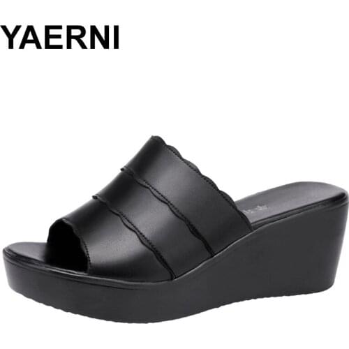 YAERNI New 2021 Fashion Open Head Elegant Platform Slippers Women Wedding Shoes Summer Medium Heels Wedges Slides Office 32-43