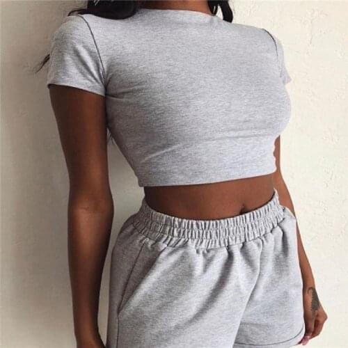 New Women’s Sports Two Piece Set Jogger Fitness Set Solid Color Round Neck Short Sleeve Top High Waist Short Pants