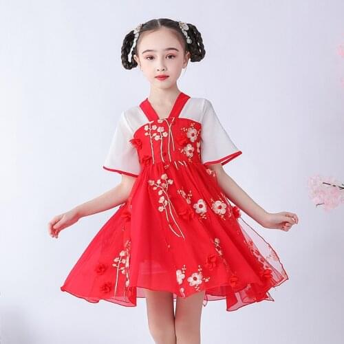New Summer Sweet Kids Dress For Girls Chinese Style Teenager Hanfu New Year Christmas Childrens Outwear Clothing Cheongsam