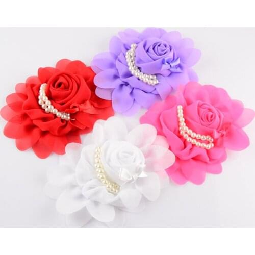 New Style 100pcs/lot 20C girls Boutique Chiffon Hair Flower With Imitation Pearls Weeding Flowers For Women TH19