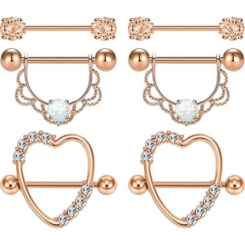 3 Pairs Nipple Rings Barbells Bars Nipplerings Piercing 14G Stainless Steel Opal CZ Body Jewellery