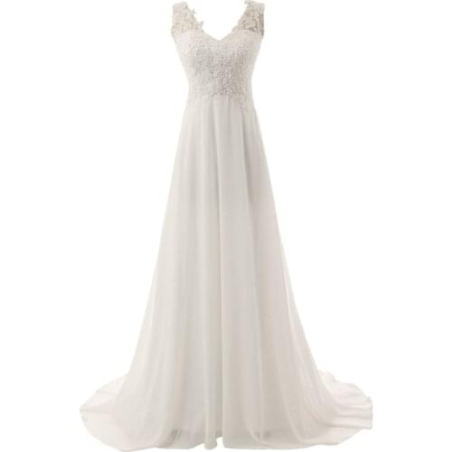 2021 A-Line New Elegant V Neck Chiffon Lace Vintage Sleeveless Backless Sweep Train Sheer Wedding Gown Wedding Dress White