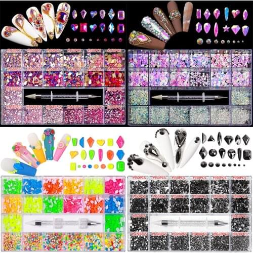 Mixed AB Glass Colorful Crystal Diamond In Grids 21 Shape Flatback DIY Rhinestone Nail Art Set With 1 Pick Up Pen
