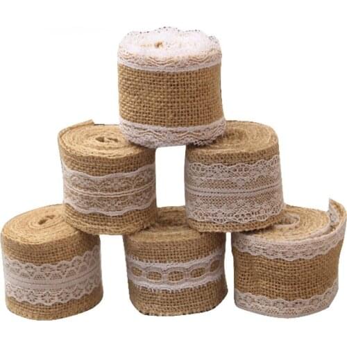 2M 5cm Width Natural Jute Burlap Ribbon with White Lace for DIY Home Decoration Wedding Party and Gift Packaging