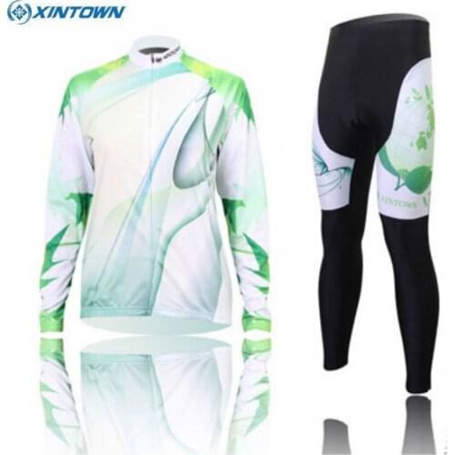 XINTOWN Womens Green Light Long Sleeve Cycling Polyester +Coolmax Jersey+(BIB) Pant Set Wear Clothing Size S-XXXL