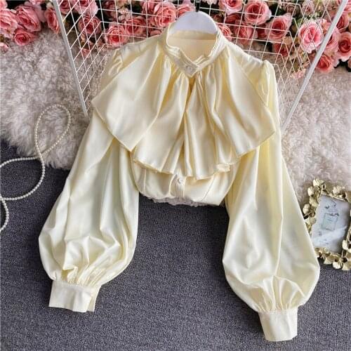 Womens Spring Autumn Runway Fashion Long Sleeve Ruffles OL Shirt Female High Waist Casual Blouse Tees Tops TB1583