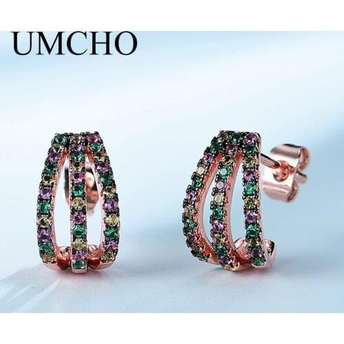 UMCHO Colorful Gemstone Stud Earrings Real 925 Sterling Silver Earrings For Women Trendy Party Jewelry Simple Earrings