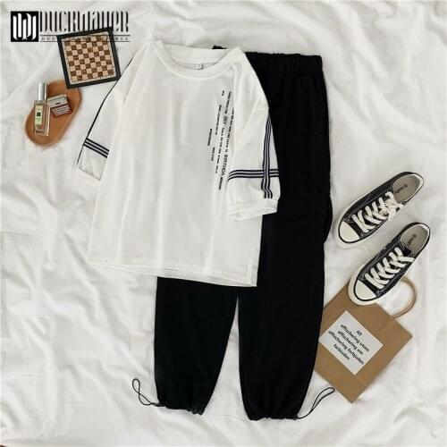 Duckwaver Spring Summer Women 2 Piece Sets Fashion Letter Print Short Sleeve Tops+Elastic Waist Loose Cargo Pants Suit For Women