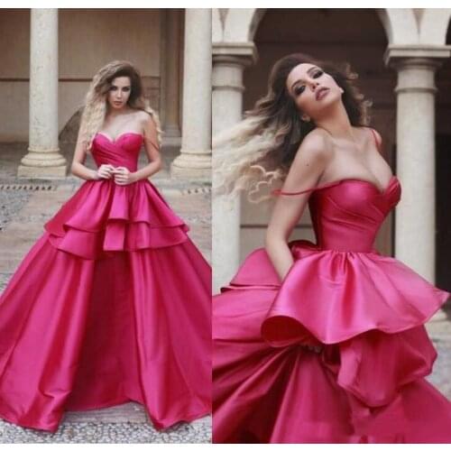 Simple Fuchsia Satin Prom Dress For Women Arabic Dubai Sexy Spaghetti Straps Tiered Skirt Long Formal Evening Gowns Sweetheart