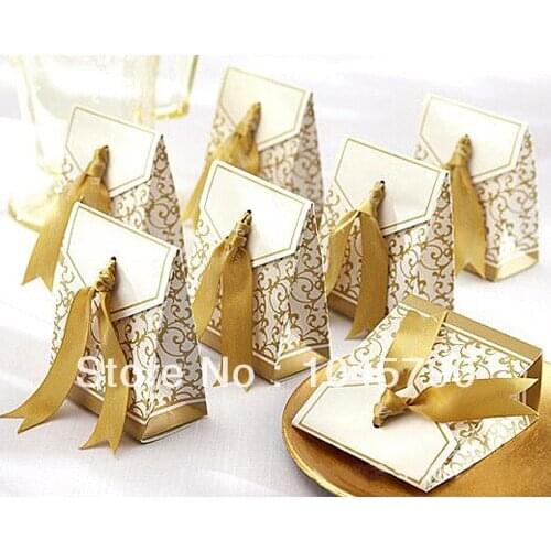 100pcs Gold Ribbon Candy Box Favor Gift Boxes Wedding Favor Candy Box Party Deco Supply