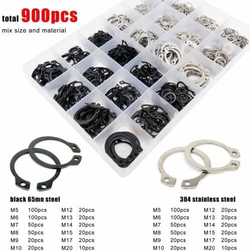 900pcs Assortment Kit Set 5-20mm GB894 Stainless Steel Black 65mn Shaft Bearing Retaining Clip Snap Ring C Type External Circlip