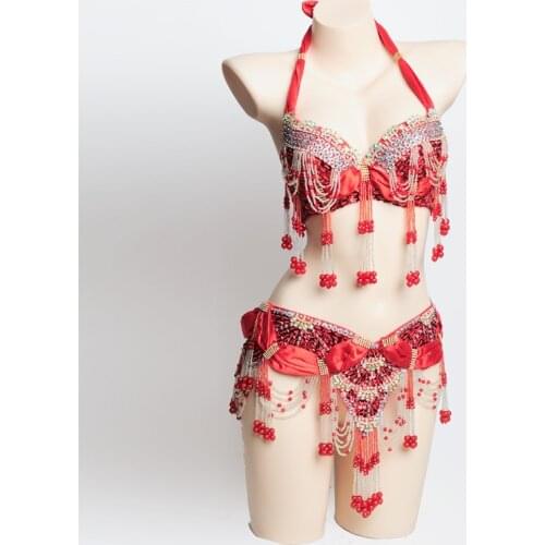 Hot Sale Women Professional Belly dance Costume Sexy Belly dance set Belly dance Clothes Wear Bead tassels Belly dance BRA Belt