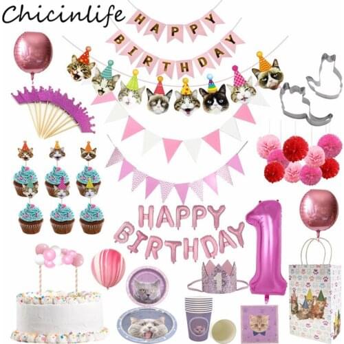 Chicinlife Cat Birthday Party Paper Plates Cups Banner Cupcake Toppers Headwear Crown Caps Mould Paper Bags Pet Party Supplies