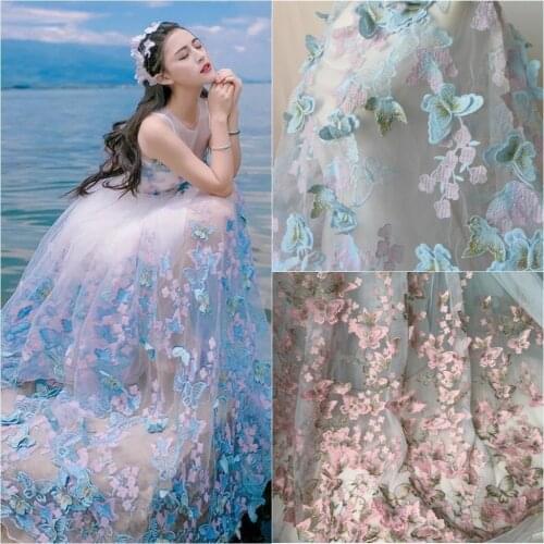 Elegant 3D Butterfly Lace Fabric In Pink And Gold Thread Embroidered Bridal Gown Wedding Fabric Tulle Fabric For Dress By Yard