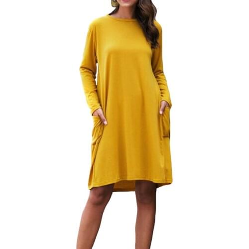 European Style Women Autumn Fashion Casual Loose Solid Asymmetrical Dress Vintage Long Sleeve O Neck Party Dress Vestidos