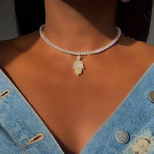 Micro Pave 5A CZ Iced Out Bling Women Jewelry Lucky Turkish Fatimas Hand Hamsa Hand Pendant Necklace