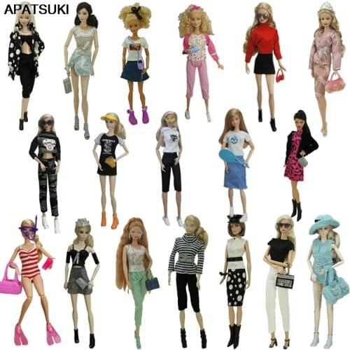 Fashion Outfits For Barbie Dolls Shirt Pants Shoes Glasses Crown Purse Hat Clothes Set For Barbie 1/6 Dolls Accessories Kid Toy