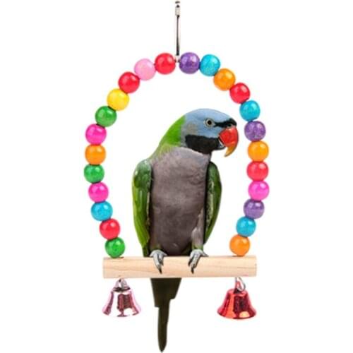 Natural Wooden Parrots Swing Toy Birds Perch Hanging Cage with Colorful Beads