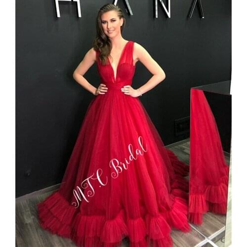 Newest 2019 Deep V Neck Red Evening Dress A Line Floor Length Ruffles Tulle Elegant Formal Occasion Dresses Custom Made