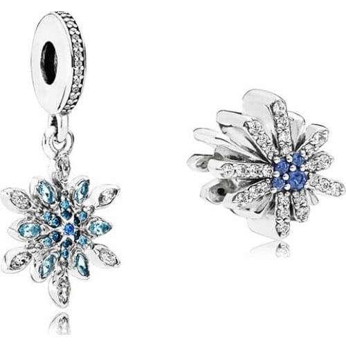 2019 New Original 925 Sterling Silver Bead Blue Snowflake Dangle Dazzling Fireworks Charm Fit Bracelet Bangle Women DIY Jewelry