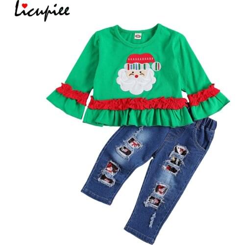 Autumn Little Girls 2-piece Suit Ripped Jeans Santa Printed Crew Neck Lace Long Sleeve Top Casual Suit 1-6 Years