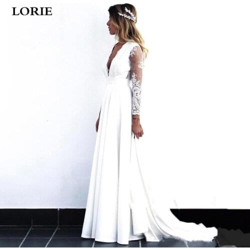 LORIE Beach Lace wedding dresses Satin Sexy V Neck Appliques Bride Gowns Long Sleeve Vestido de Voiva