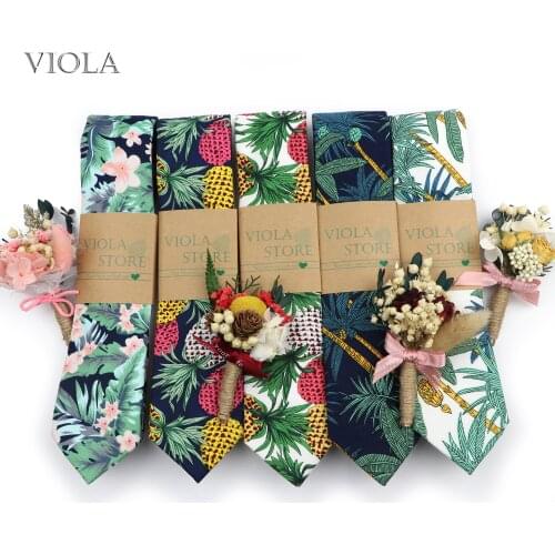 Gift Boxed Luxury Tropical Plant Tie Brooch Set Men Dry Flower Pin Cotton 6.5cm Tie Holiday Party Floral Print Suit Accessories