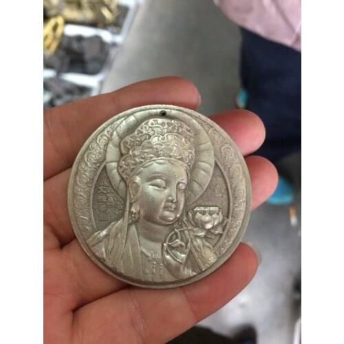 China Handwork miao silver carving Guanyin bodhisattva Kwan-yin Buddha pendant necklace metal handicraft
