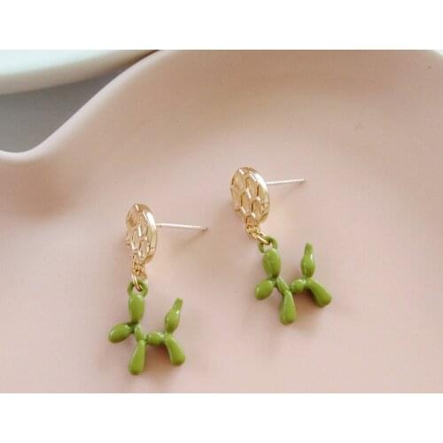 Timlee E051 Simple Cute Green Dog Round Alloy Long Dangle Earrings Fashion Accessories Wholesale