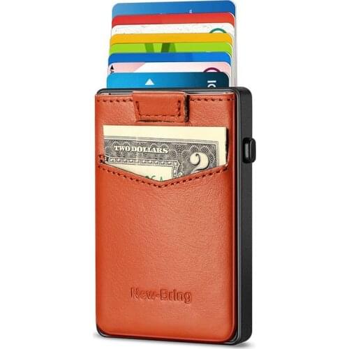 Slim Aluminum Wallet With Genuine leather Back Pouch ID Credit Card Holder Mini RFID Wallets Automatic Pop up Bank Card Case