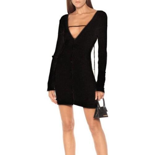 Ribbing Knitted Mini Dress Women V-Neck Long Sleeve Adjustable Drawstring Elasticity Bodycon Sweater Spring New Streetwear