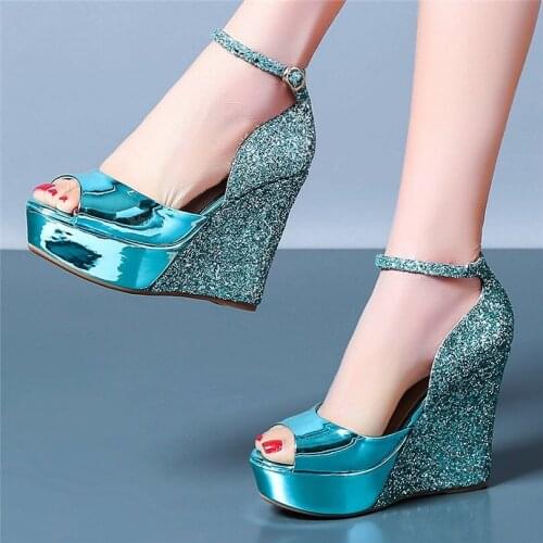 Party Pumps Womens Bling Bling Glitter Leather Sandals Platform Wedge High Heels Open Toe Ankle Strap Wedding Shoes