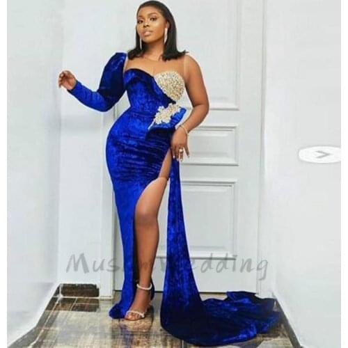 Fitted Royal Blue Black Girls Evening Dresses Plus Size Mermaid Velvet Prom Dress With Beaded One Shoulder Long Sleeve Slit Gown