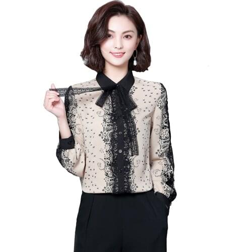 2020 Spring &Summer Woman Bowknot Lace Stitching Printed Long-Sleeved Blouse