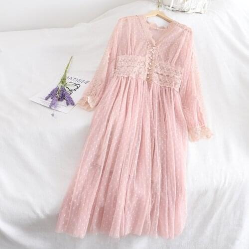 Summer V-Neck Flare Sleeve Women Polka Dot Mesh Gauze Pleated Ruffles Dress Lady Elastic Slim Waist Lace Flower Midi Chic Dress