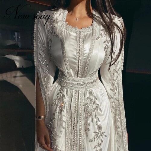 Middle East White Beaded Prom Dresses For Weddings Long Sleeves 2021 Pageant Celebrity Gowns Robe De Soiree Arabic Evening Dress