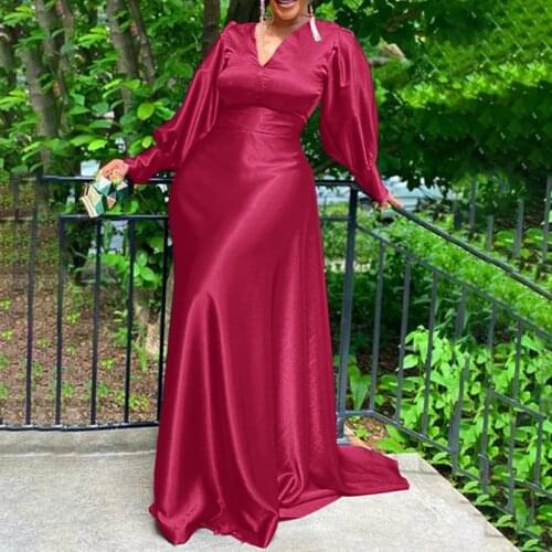 Womens Party Floor Dress 2021 Autumn Elegant V Neck Vestidos Lady Holiday High Waist Dresses ZANZEA Solid Silk Satin Robe Longue