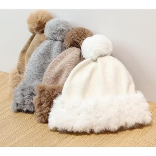 INS Russia Rabbit Fur Winter Hat With Pom Hairball For Women Beanies Knitted Hat Autumn Solid Bonnet Femme Winter Warm Gorros