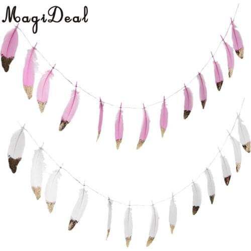 2/set Boho Gold Dipped Pink /White Feather Bunting Tassel Garland Hanging Decor