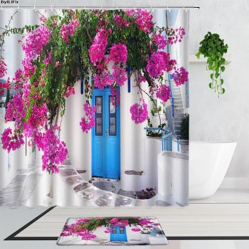 2Pcs Set Garden Flowers Blue Wooden Door Shower Curtains Beautiful Town Scenery Bathroom Waterproof Bathtub Curtain And Bath Mat
