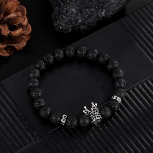2019 Classic 8mm Black Volcanic Stone Beads Bracelet Charm Micro Inset White Zircon Crown Elastic Bangles for Men Women