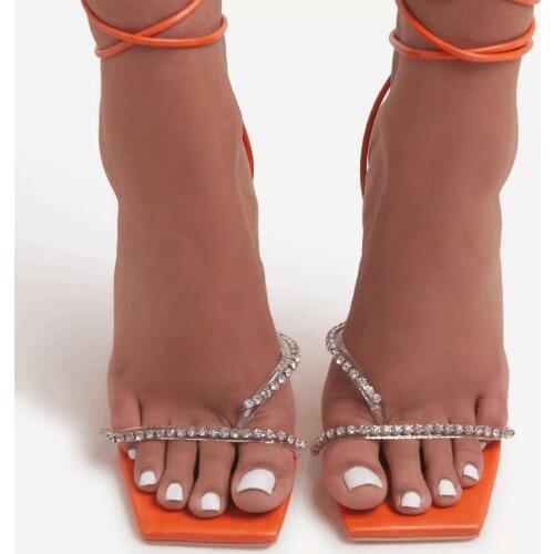 2021Black And White Orange Rhinestone Transparent High Heels Thin Thick Heel Sandals Foreign Trade Plus Size Female Fashion Pho