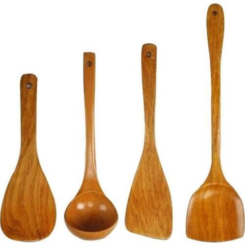 4Pcs Wooden Shovel Spoon Non Stick Wood Long Rice Spatula Kitchen Cooking Utensil Hand Stir Fry Tools Sets