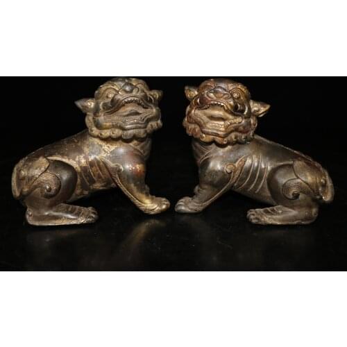 5" Tibet Buddhism Temple Old Bronze Cinnabars Pixiu God Beast Buddha Statue Poodle statue A pair Fortune and evil spirits