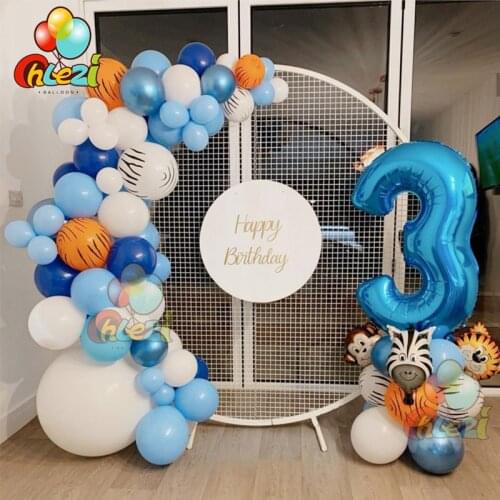 96pcs Blue Animal Theme Balloon Arch Garland Number 1 2 3 Years Boy Birthday Party Decoration Supplies Kids Toys Baby Shower