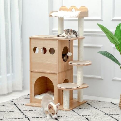 Pet Cats Tree Tower Condos Sisal Scratching Posts for Kitten Playing Wood Multi-Level Tower Toys for Cats Jumping Unique Design