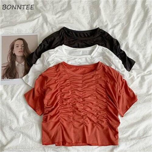 T-shirt Women Solid Folds Fashion Cropped Top Tees Ladies Leisure Loose Design Comfortable Summer Ins Ulzzang Stylish Simple New