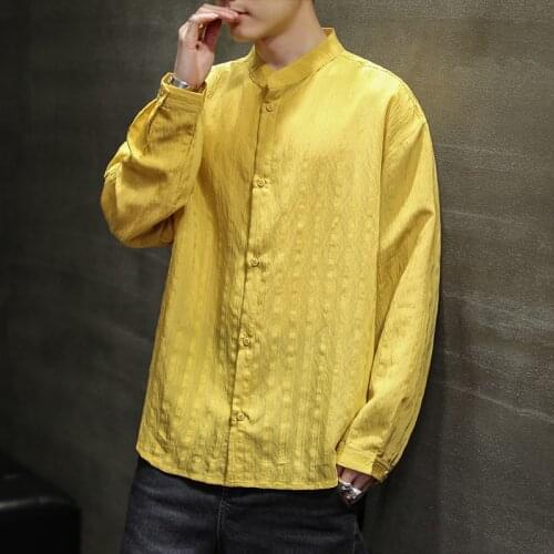 Quality Gold Stripe Silk Blouse Chinese Style Summer Cozy T Shirts Mens White Chinese National Clothing Stand Collar Tee Kung Fu