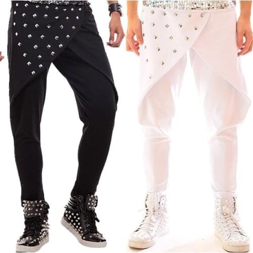 Stage personality men harem pants casual skirt pant men trousers singer dance rock pantalon homme punk rivets white black
