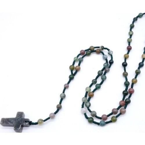 Natural India Onyx stone Cross Necklace Pendant for Jewelry making Chains with beads about 80-90CM Charm Fashion Pendants 1PCS